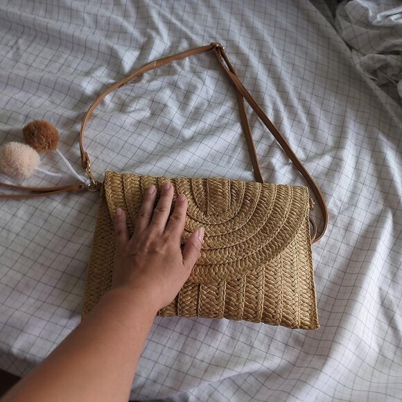 Neiman Marcus Handwoven Khaki Flap Beach Bag with Convertible Strap - Picture 3 of 5